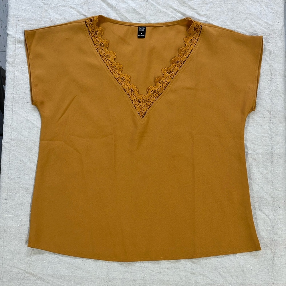 Lace Trim V-Neck Top in Mustard